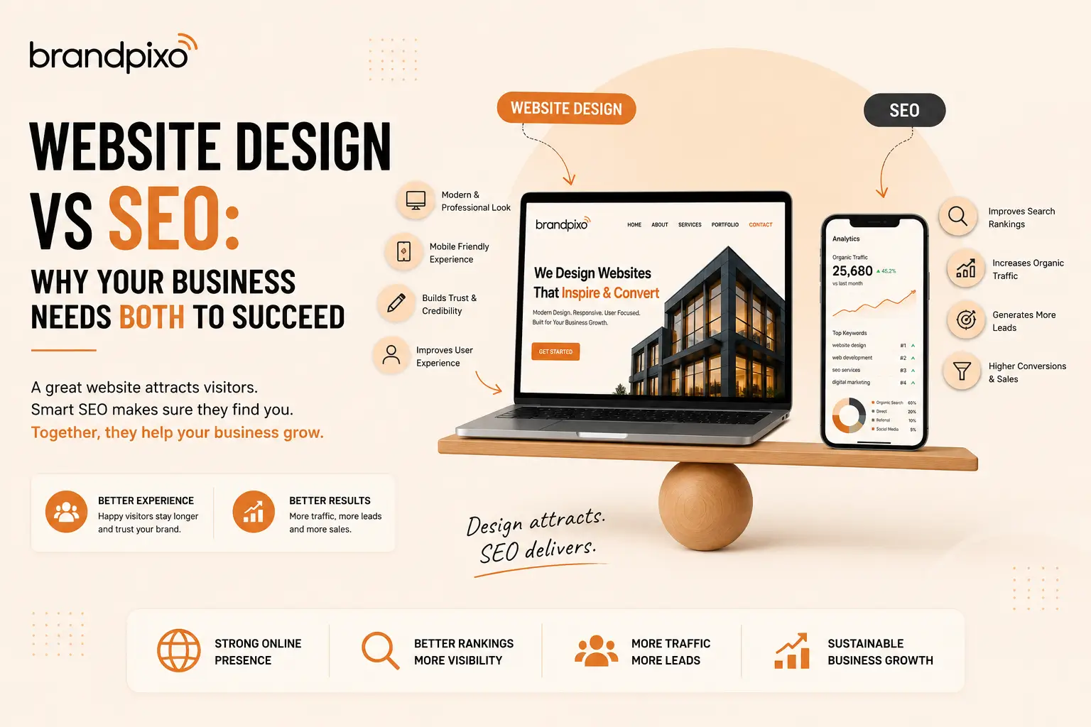 Website Design vs SEO comparison showing why businesses need both for online growth and higher rankings